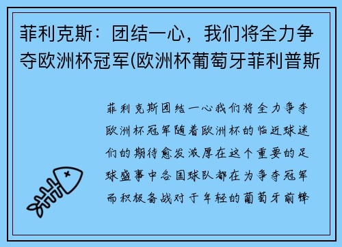 菲利克斯：团结一心，我们将全力争夺欧洲杯冠军(欧洲杯葡萄牙菲利普斯)