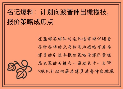 名记爆料：计划向波普伸出橄榄枝，报价策略成焦点