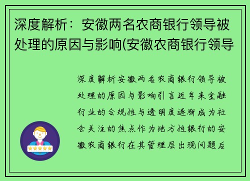 深度解析：安徽两名农商银行领导被处理的原因与影响(安徽农商银行领导班子)