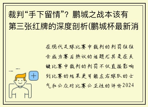 裁判“手下留情”？鹏城之战本该有第三张红牌的深度剖析(鹏城杯最新消息)