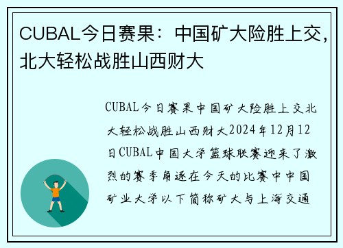 CUBAL今日赛果：中国矿大险胜上交，北大轻松战胜山西财大