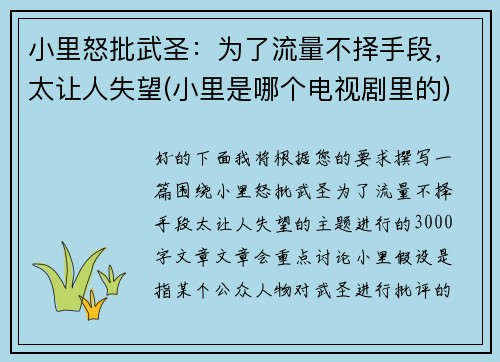 小里怒批武圣：为了流量不择手段，太让人失望(小里是哪个电视剧里的)